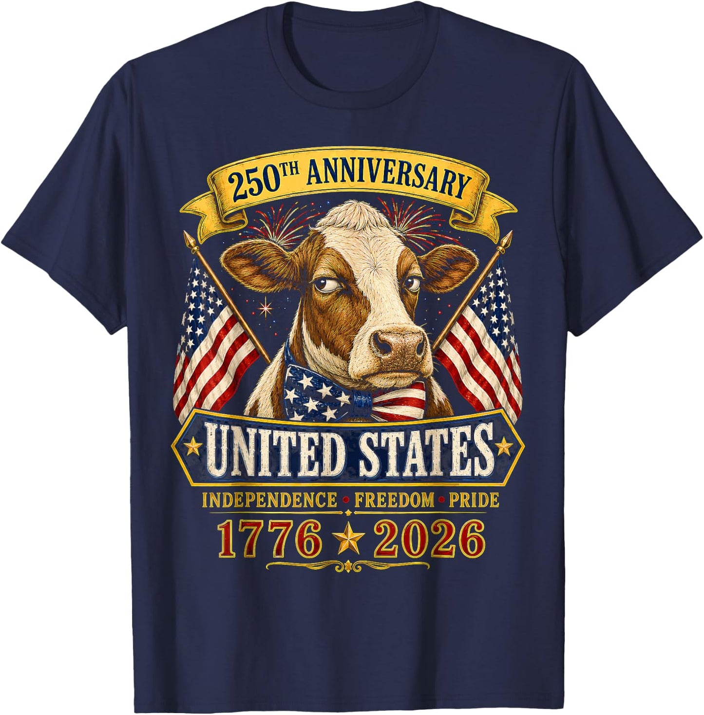 250 Years America Cow Patriotic USA 4th of July T-Shirt - T-Shirt | Navy