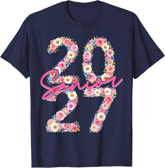 Girl Senior 2027 Floral Flower Class of 2027 Graduation Grad T-Shirt - T-Shirt | Navy