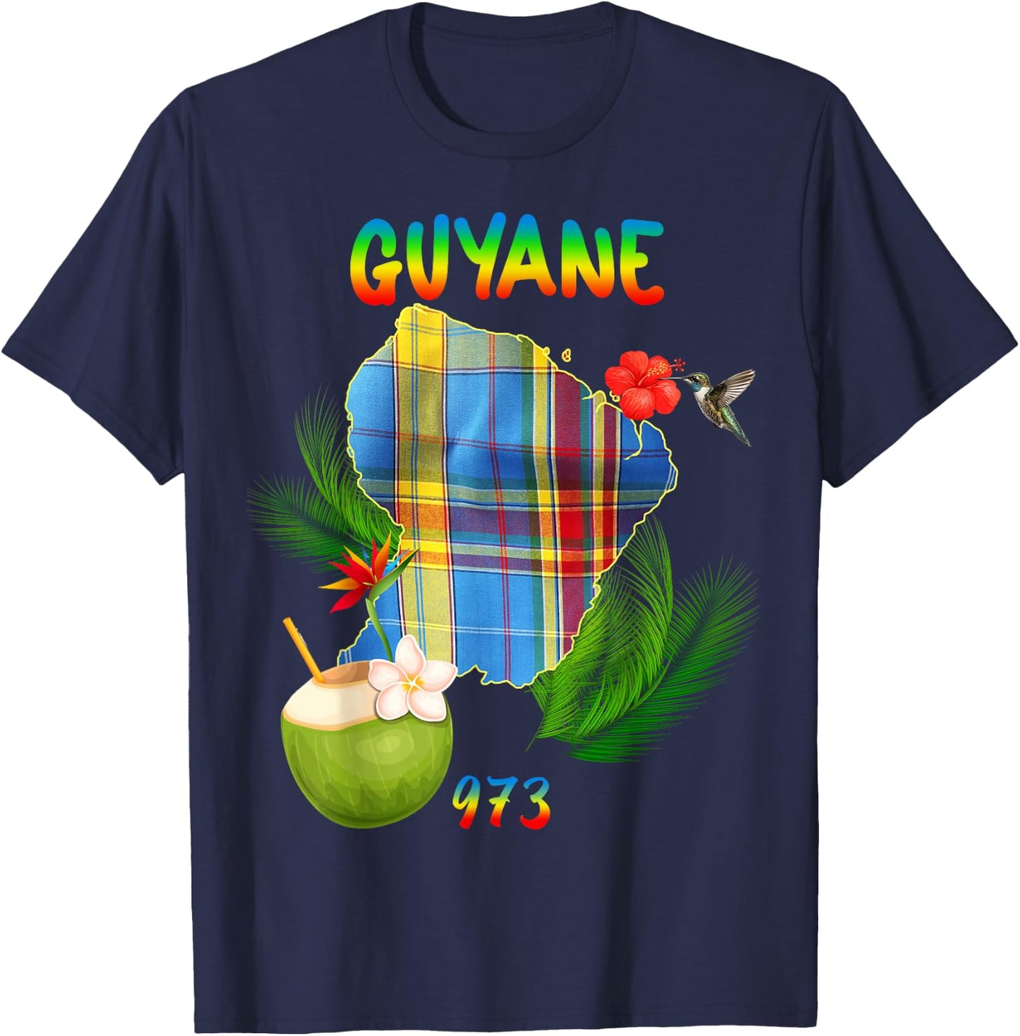 Beautiful French Guiana 973 Madras Hibiscus Hummingbird Coconut T-Shirt - T-Shirt | Navy