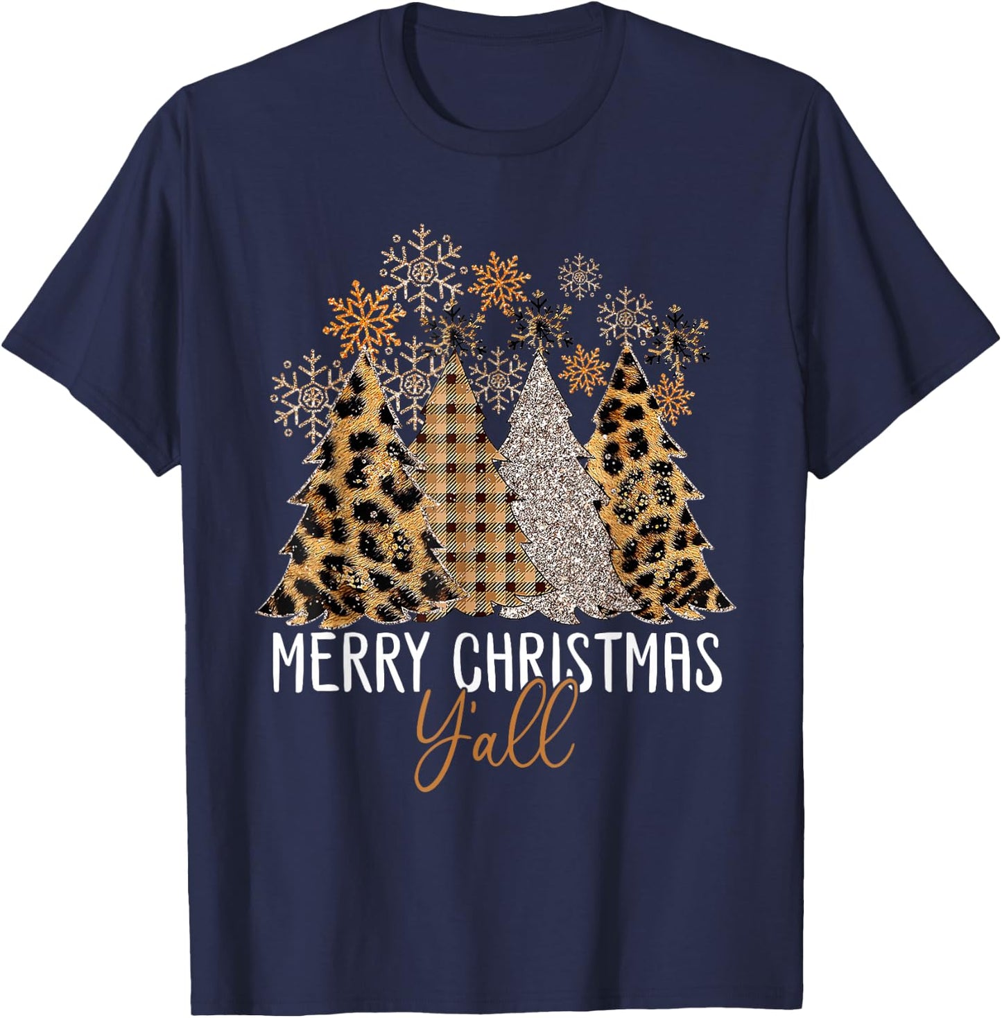 Family 2024 Merry Christmas Y'All Tree Leopard Pajamas T-Shirt - T-Shirt | Navy