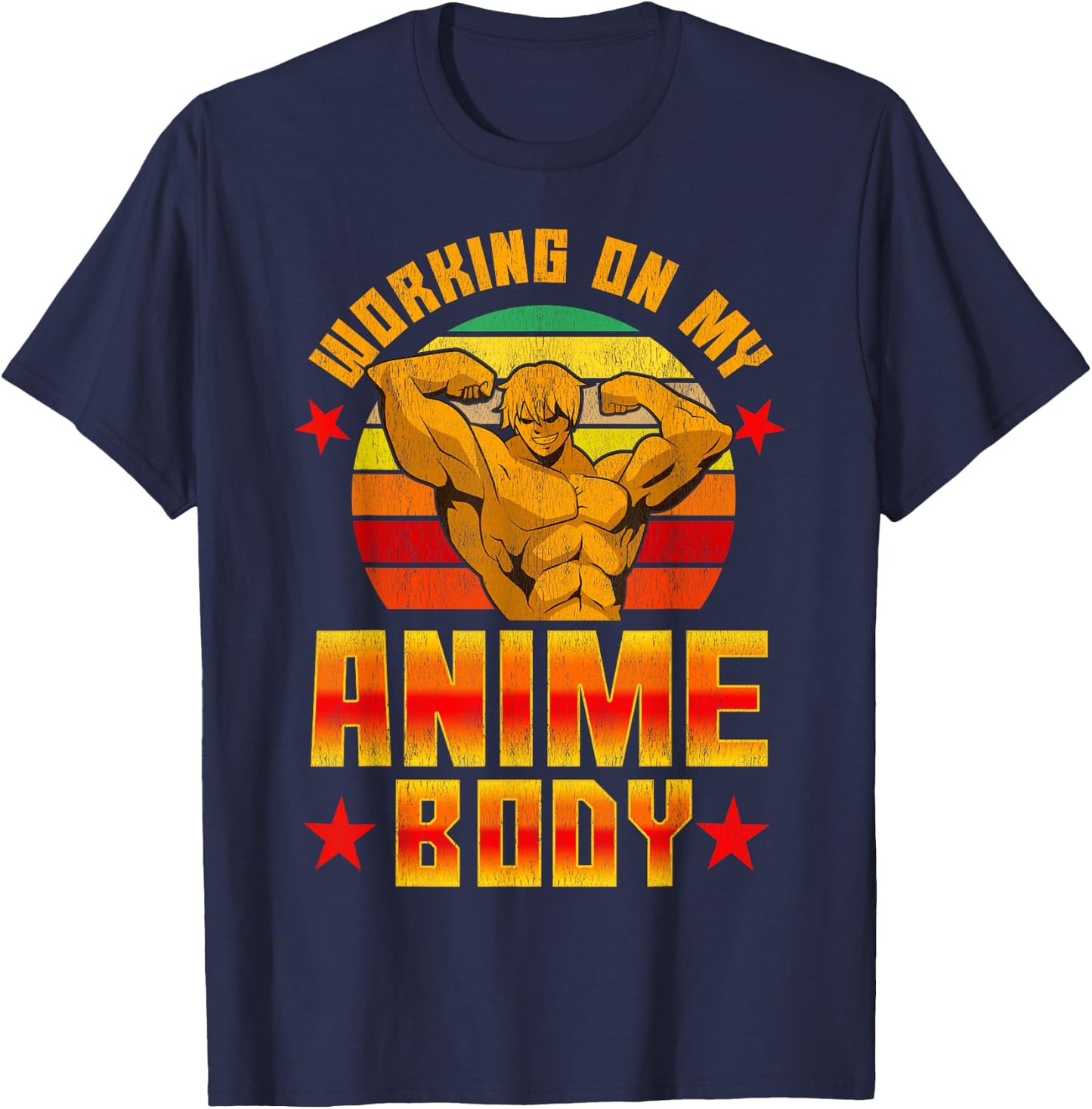 Working On My Anime Body Vintage Retro Bodybuilder T-Shirt - T-Shirt | Navy
