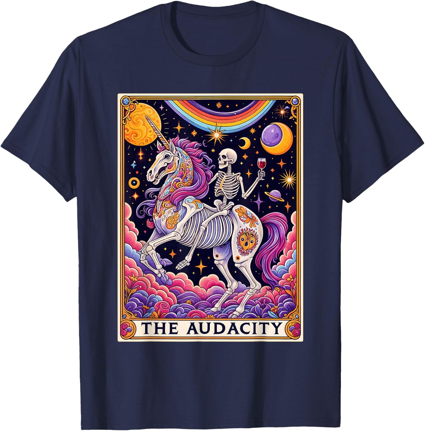 The Audacity Tarot Card Shirt Rainbow Skeleton Unicorn Lovers , black T-Shirt - T-Shirt | Navy