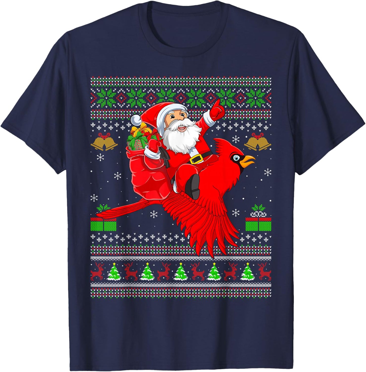 Ugly Xmas Sweater Funny Santa Riding Cardinal Bird Christmas T-Shirt - T-Shirt | Navy