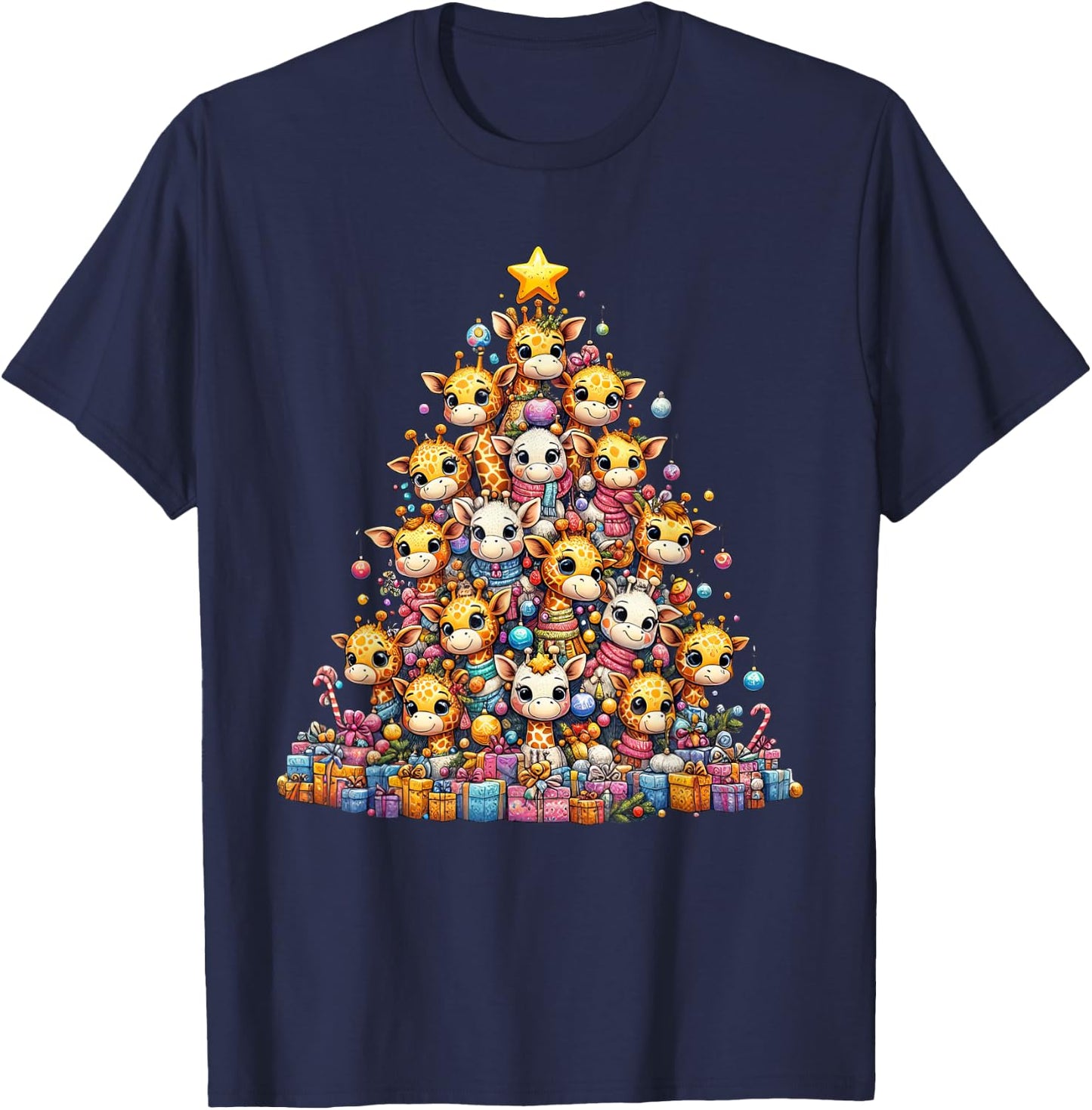 Cute Giraffe Christmas Tree Kids Funny T-Shirt - T-Shirt | Navy