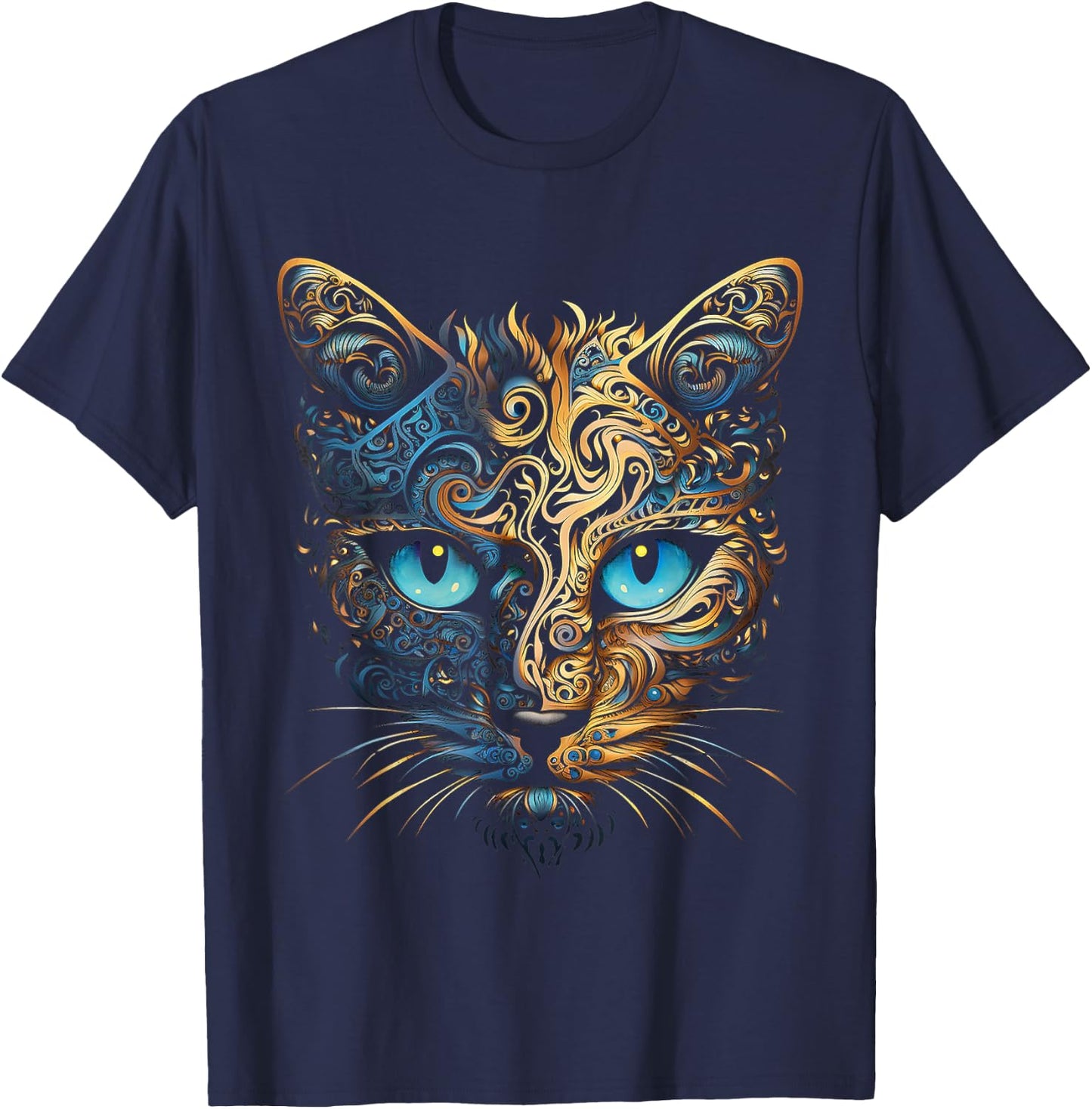 Cat Fantasy Blue Eyes Mandala Animal Art Cat , black T-Shirt - T-Shirt | Navy