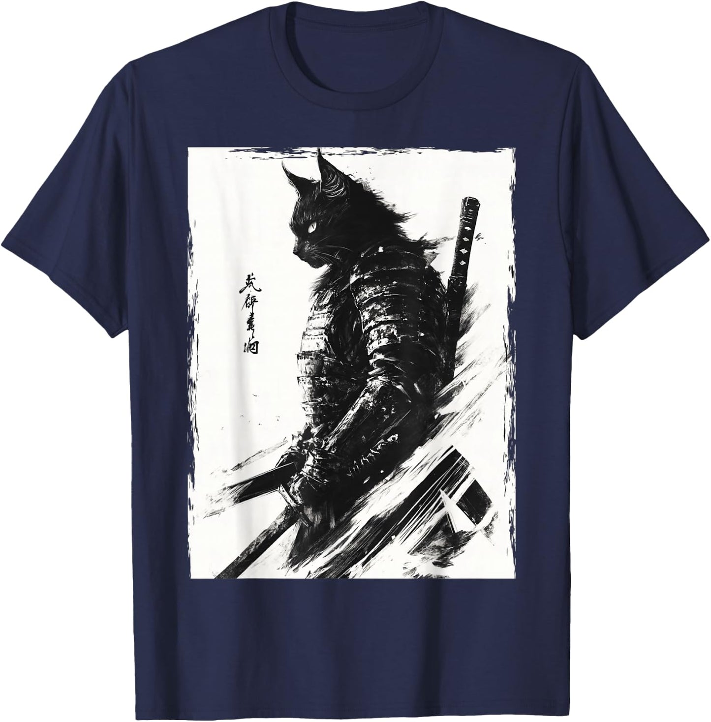Samurai Warrior Cat Vintage Japanese Art Anime T-Shirt - T-Shirt | Navy