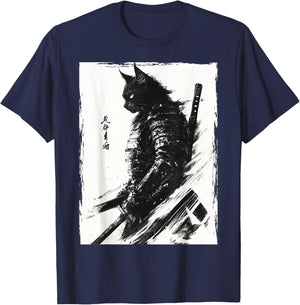 Samurai Warrior Cat Vintage Japanese Art Anime T-Shirt - T-Shirt | Navy