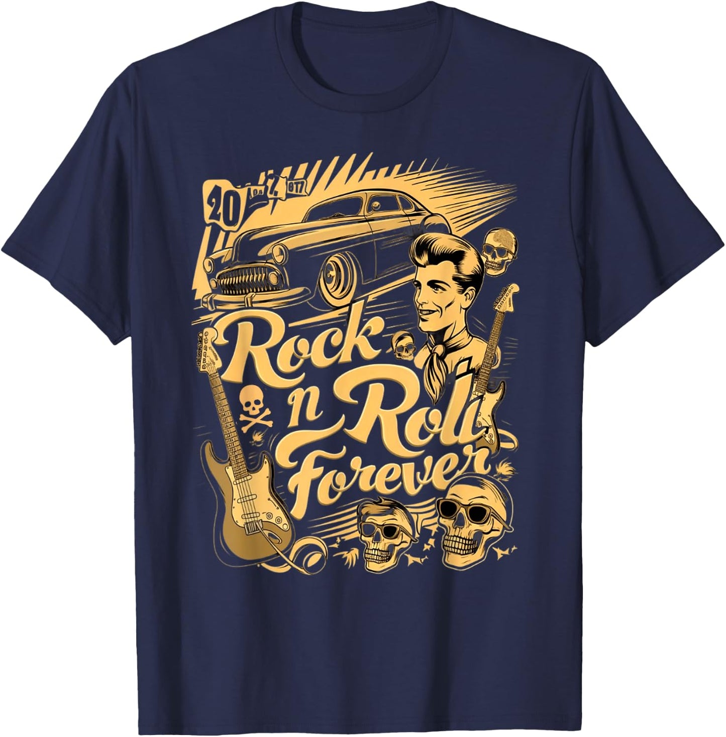 Vintage Rock n Roll Retro Rockabilly 1950s , Black, S T-Shirt - T-Shirt | Navy