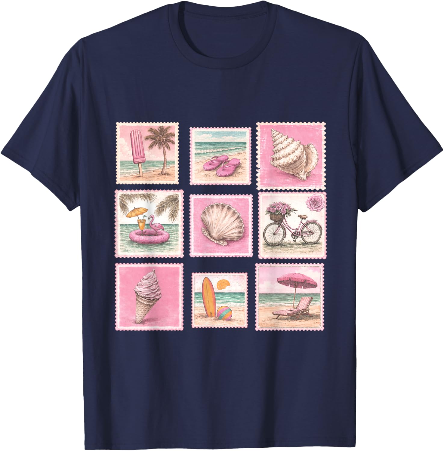 Vintage Beach Summer Beachy Stamp Cute Sea Lover T-Shirt - T-Shirt | Navy