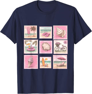 Vintage Beach Summer Beachy Stamp Cute Sea Lover T-Shirt - T-Shirt | Navy