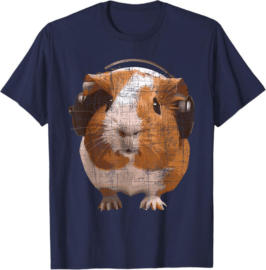 Guinea Pig With Big Headphone - Animal Rodent Lover T-Shirt - T-Shirt | Navy