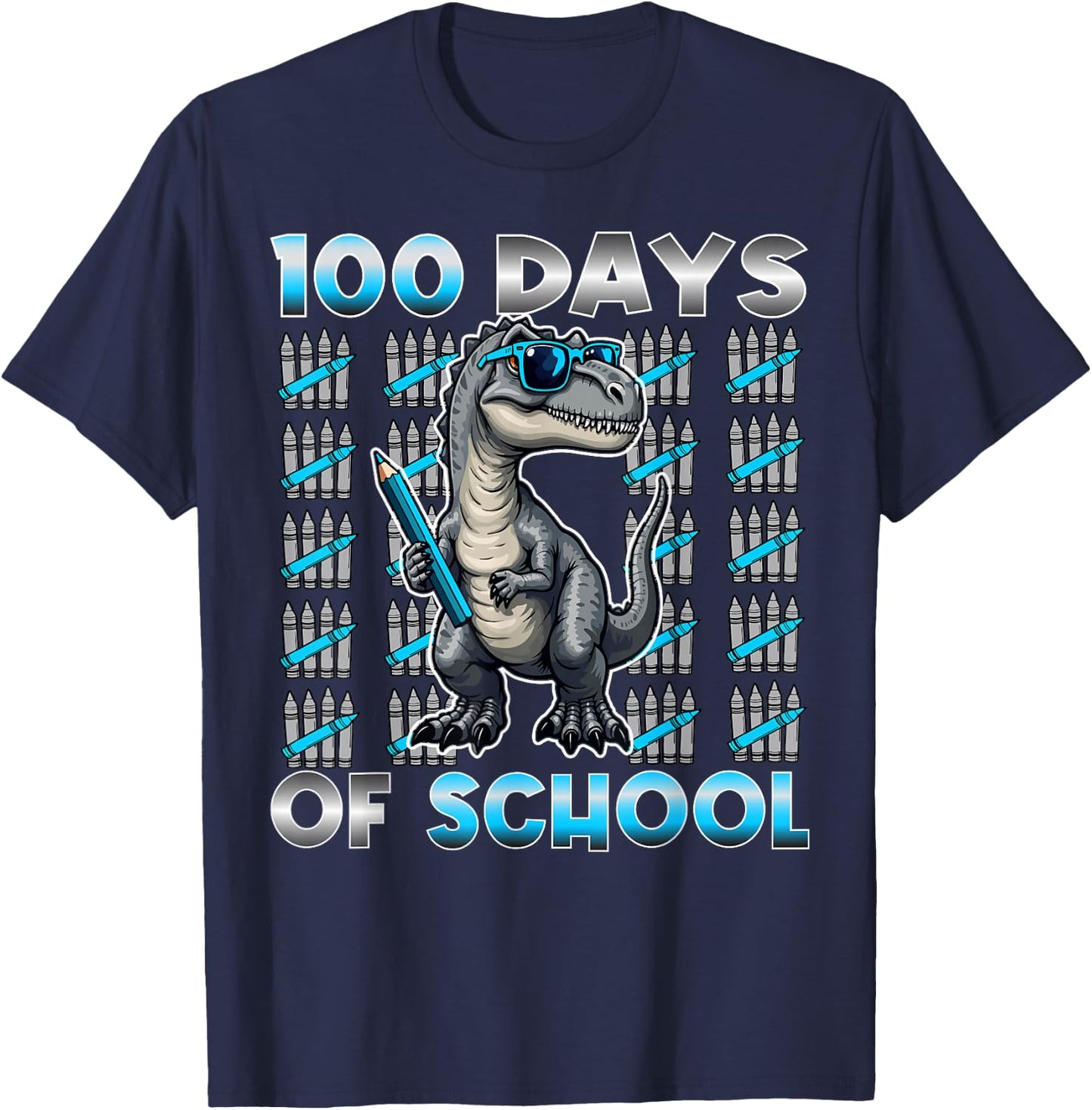 Dinosaur T Rex 100 Days of School Apparel 100 Days Smarter Kids -Kids Black Small Modern Straight Fit Cotton with Cartoon Dinosaur Pattern Short Sleeve T-Shirt - T-Shirt | Navy