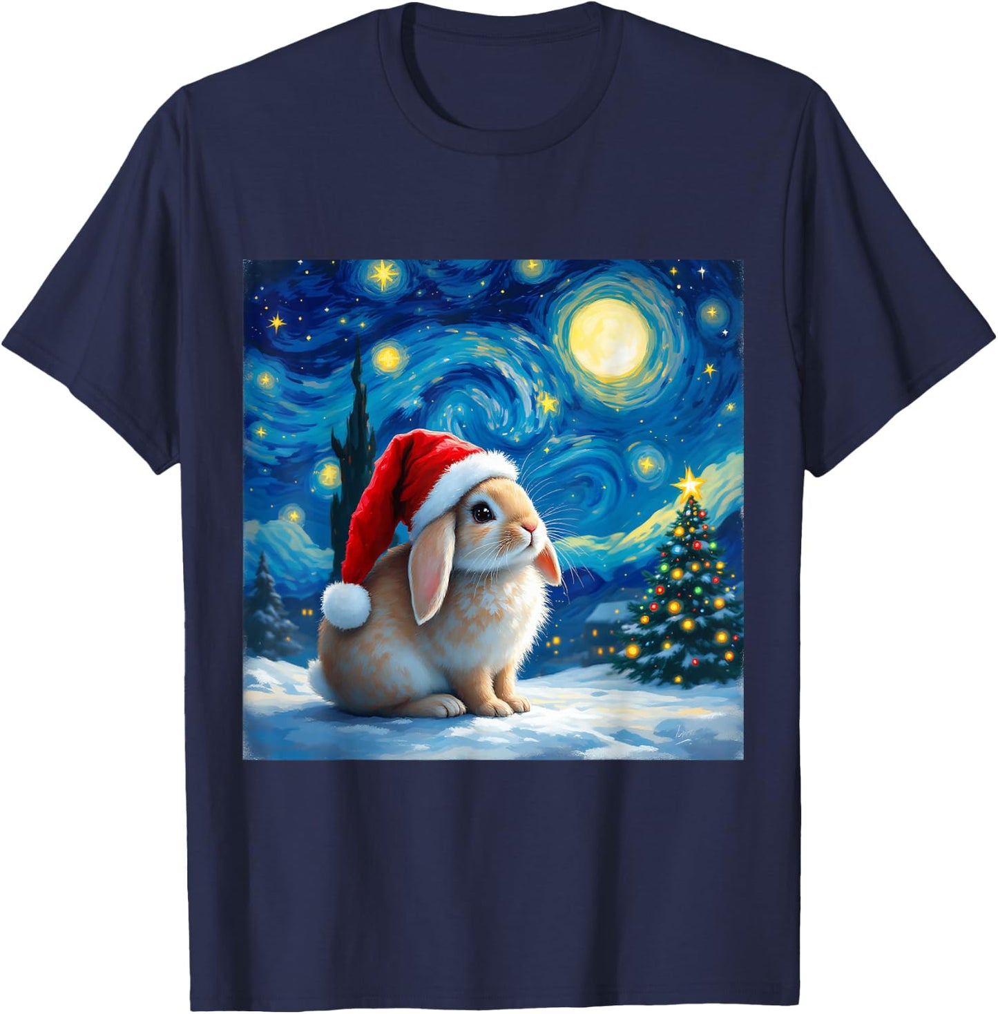 Christmas Rabbit Santa Hat Van Gogh Starry Night Holiday T-Shirt - T-Shirt | Navy