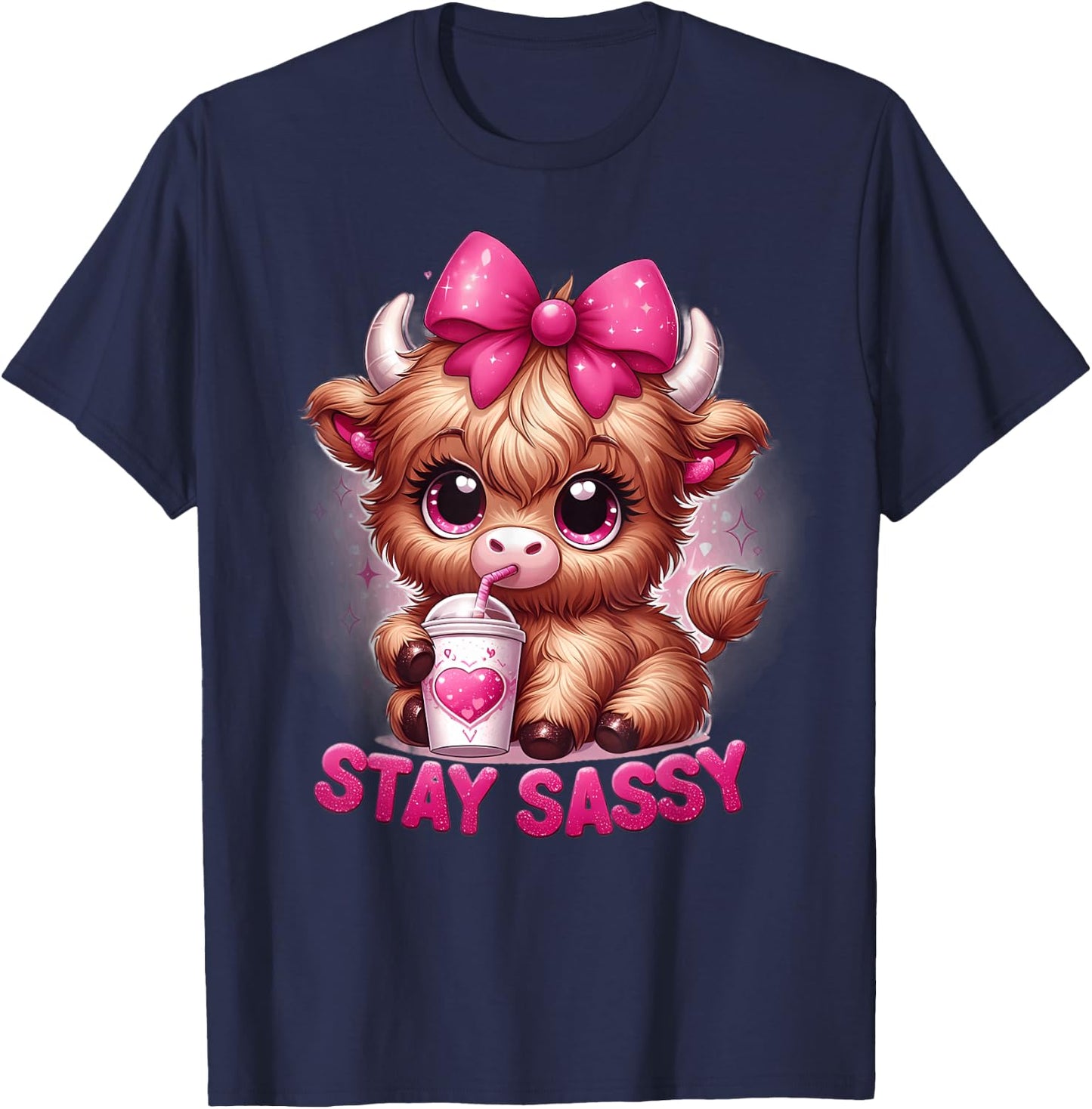 Baby Highland Cow Coffee Pink Bow Stay Sassy Girl Women's Cute T-Shirt - T-Shirt | Navy