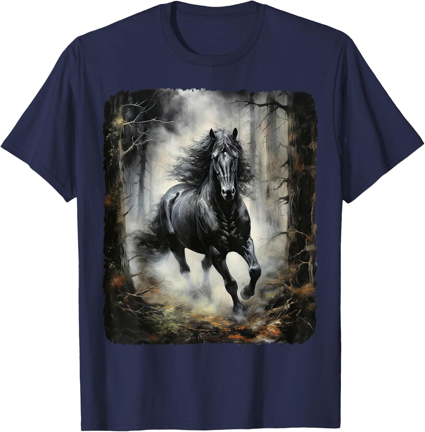 Schwarzes Pferd rennt durch den Wald in der Nacht T-Shirt - T-Shirt | Navy