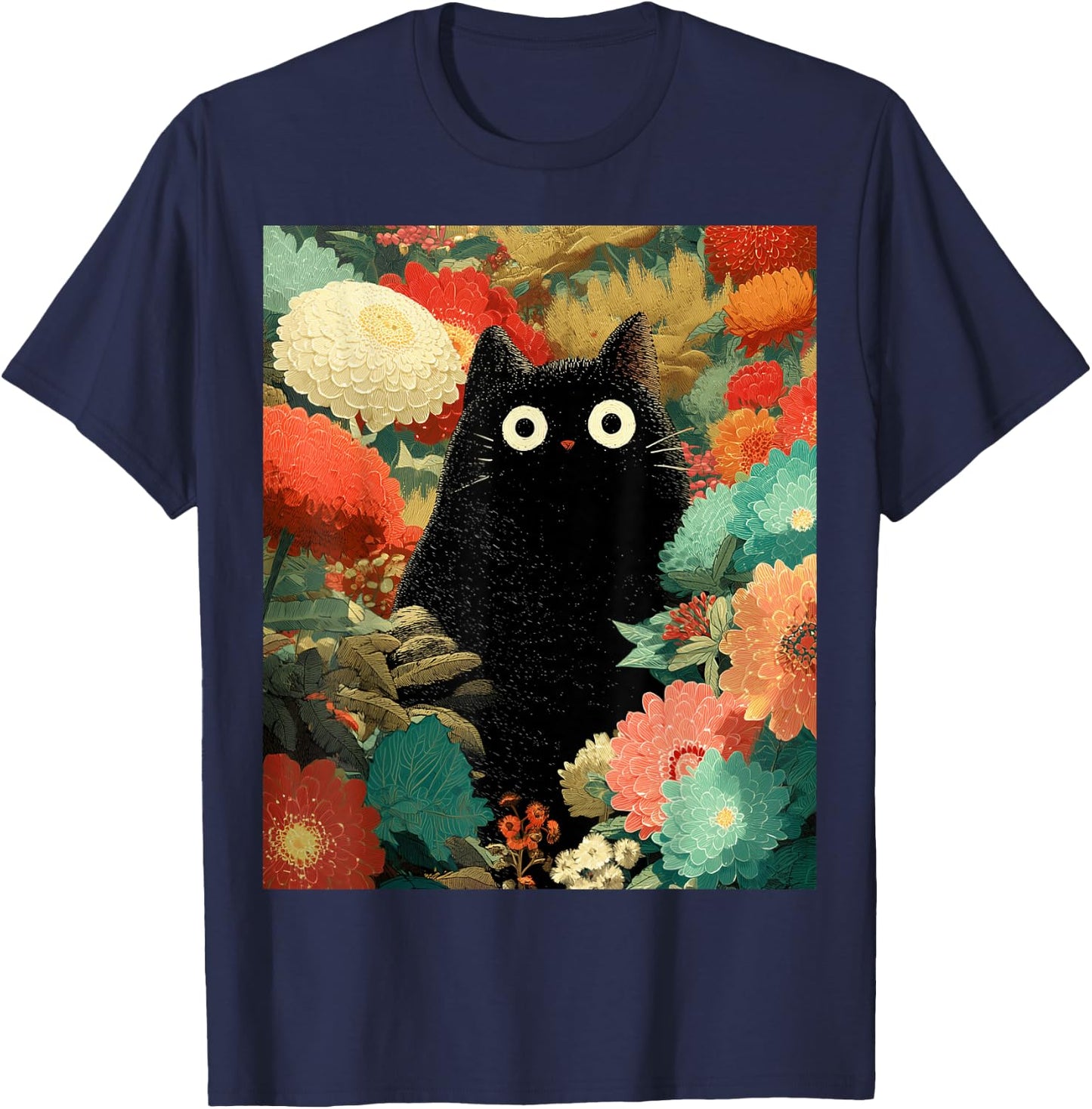 Japanische Schwarze Anime-Katze, Blumen, Sommer, Frühling, Herbst T-Shirt - T-Shirt | Navy