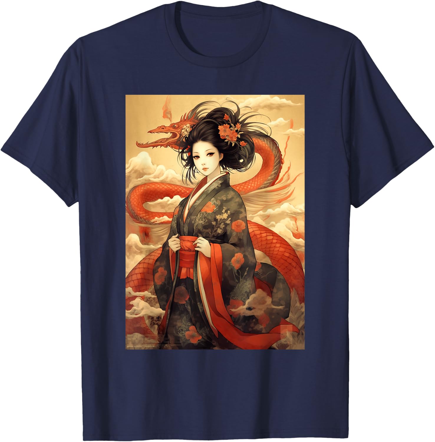 Japanese Geisha Kawaii In Kimono Dragon Japan T-Shirt - T-Shirt | Navy