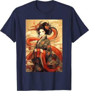 Japanese Geisha Kawaii In Kimono Dragon Japan T-Shirt - T-Shirt | Navy