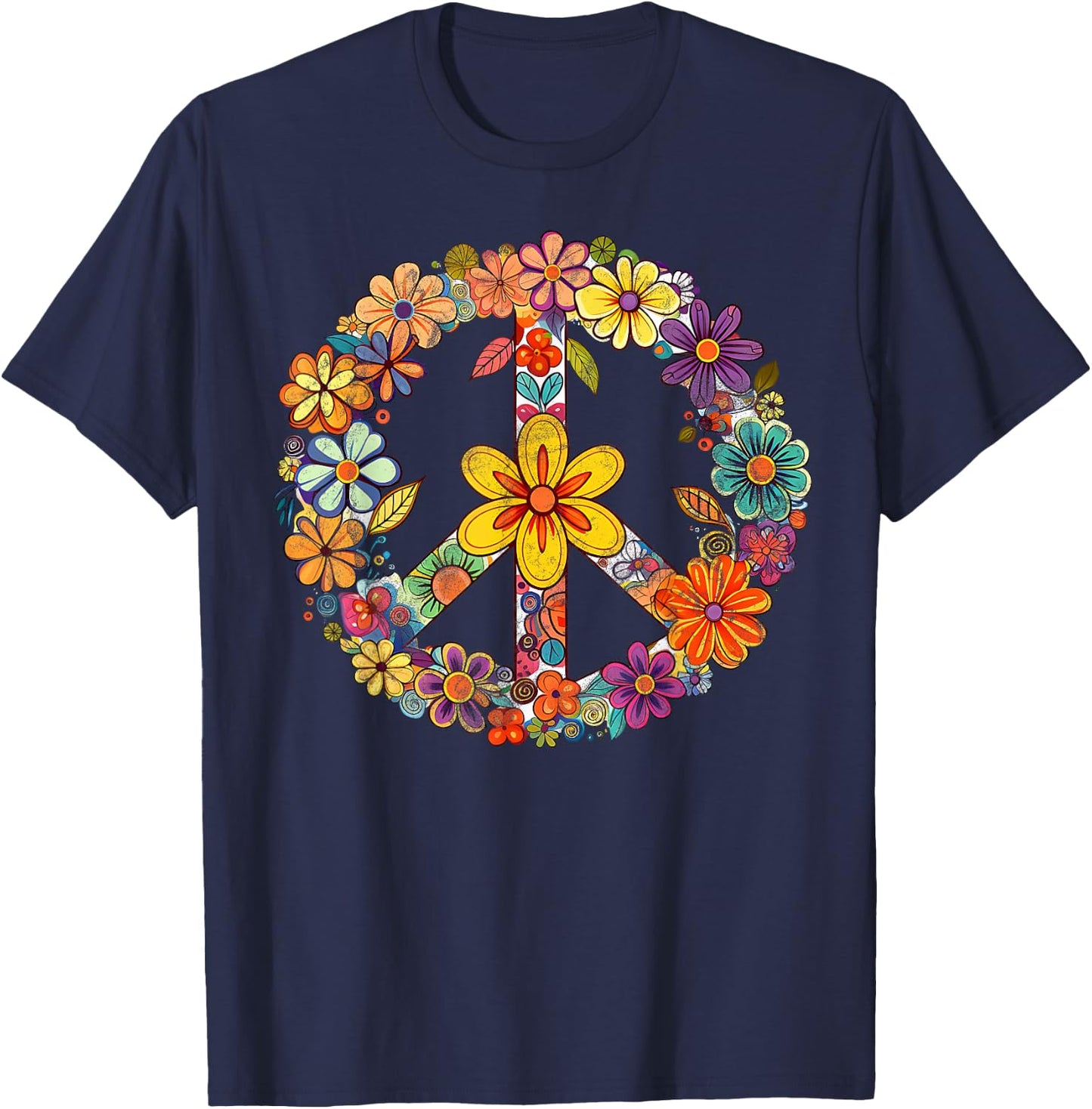 Groovy Tie Dye Peace Love Flowers Retro Hippie , black T-Shirt - T-Shirt | Navy
