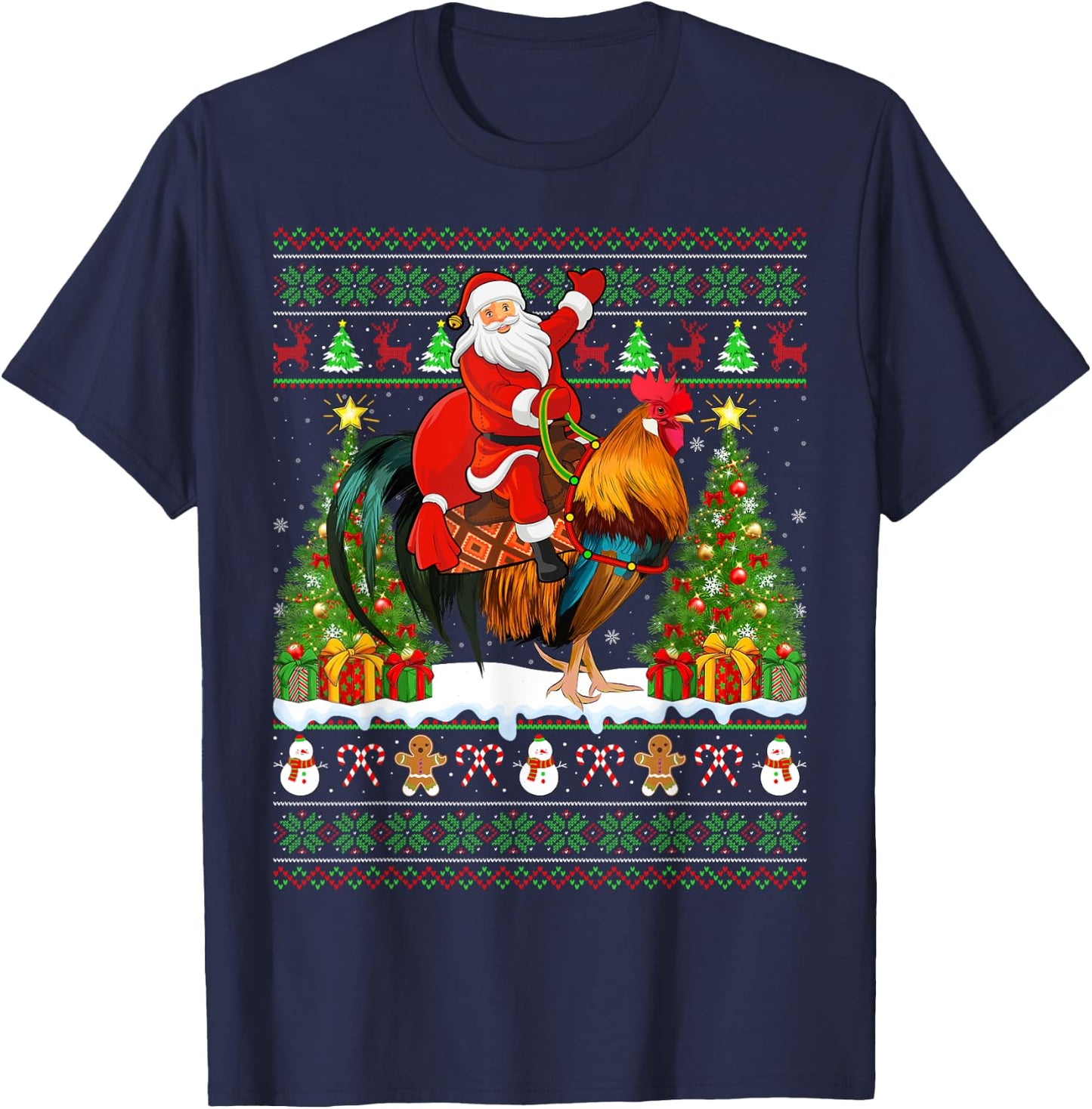 Rooster Bird Lover Funny Ugly Santa Riding Rooster Christmas T-Shirt - T-Shirt | Navy