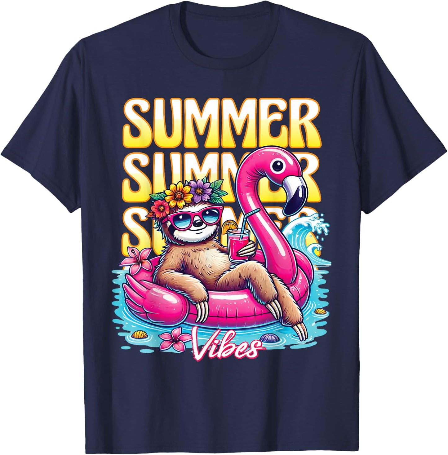 Summer Vibes Funny Sloth Sunglasses Beach Cute Vacation T-Shirt - T-Shirt | Navy