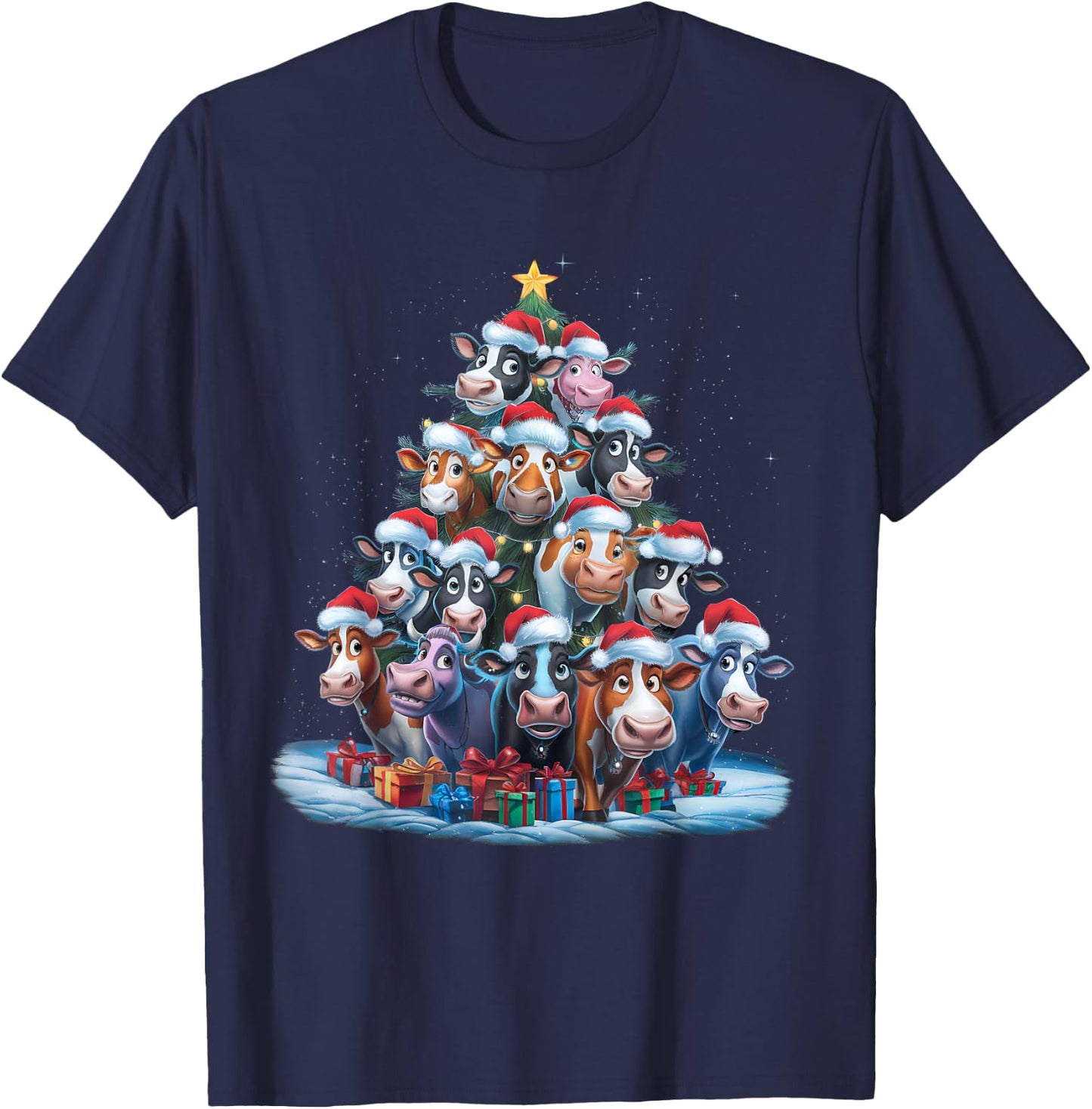 Cow Christmas Tree Lights Xmas Pajamas Pajama Santa Hat Cute T-Shirt - T-Shirt | Navy