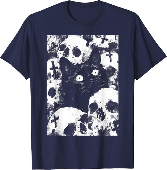Satanic Occult Cat Goth Grunge Black Metal Crust Punk T-Shirt - T-Shirt | Navy
