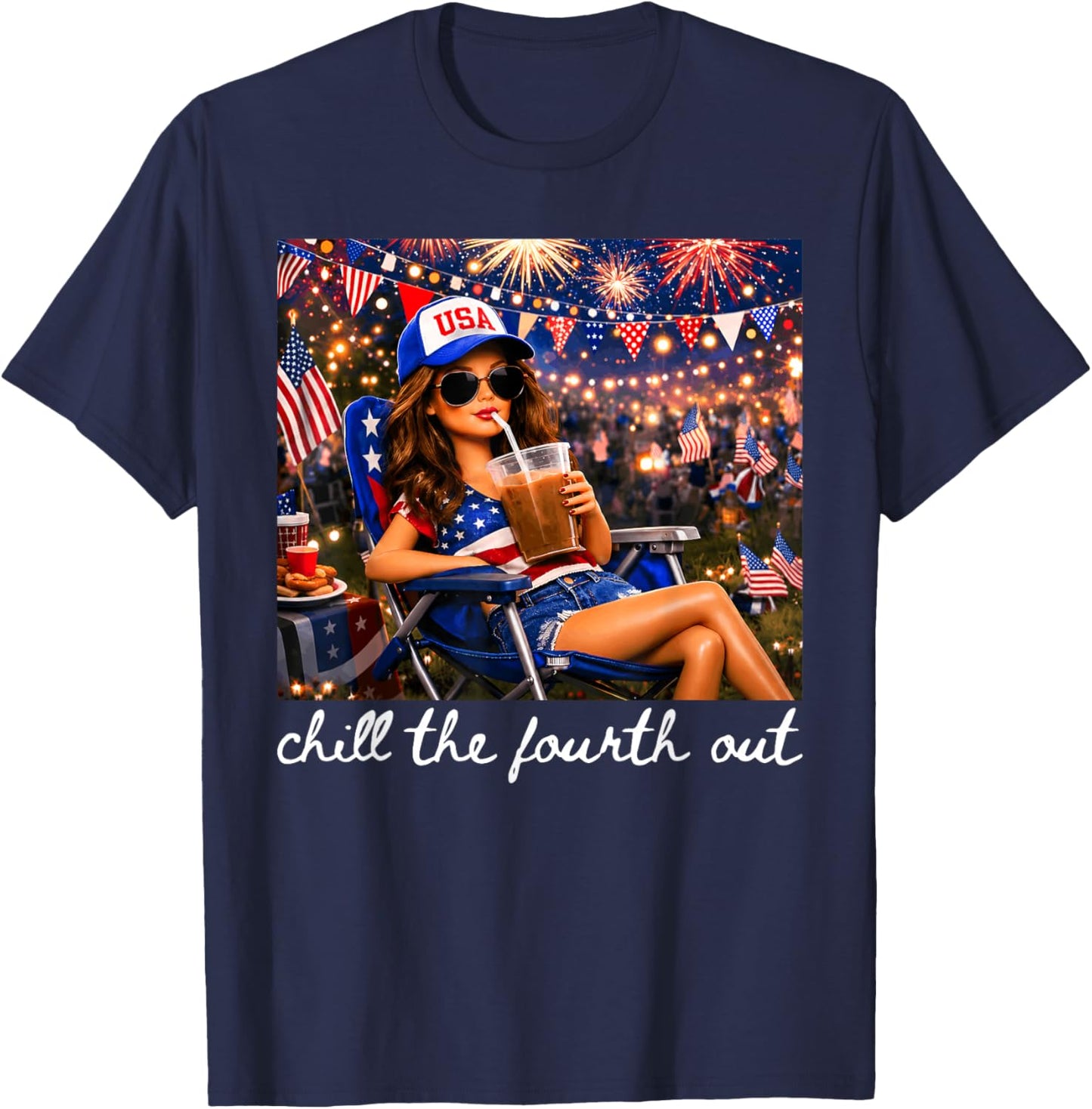 Chill The Fourth Out American Girl Fireworks 4th of July T-Shirt - T-Shirt | Navy