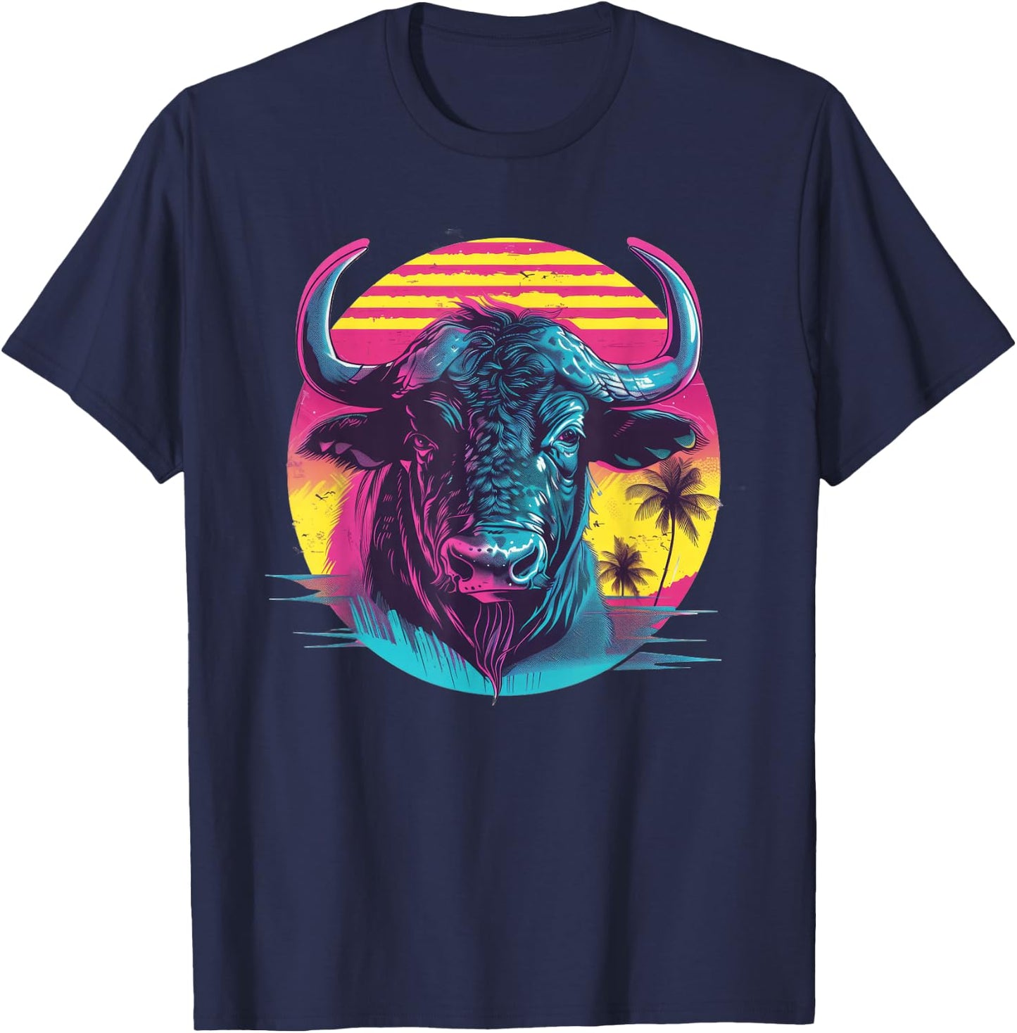 Water Buffalo Synthwave T-Shirt - T-Shirt | Navy