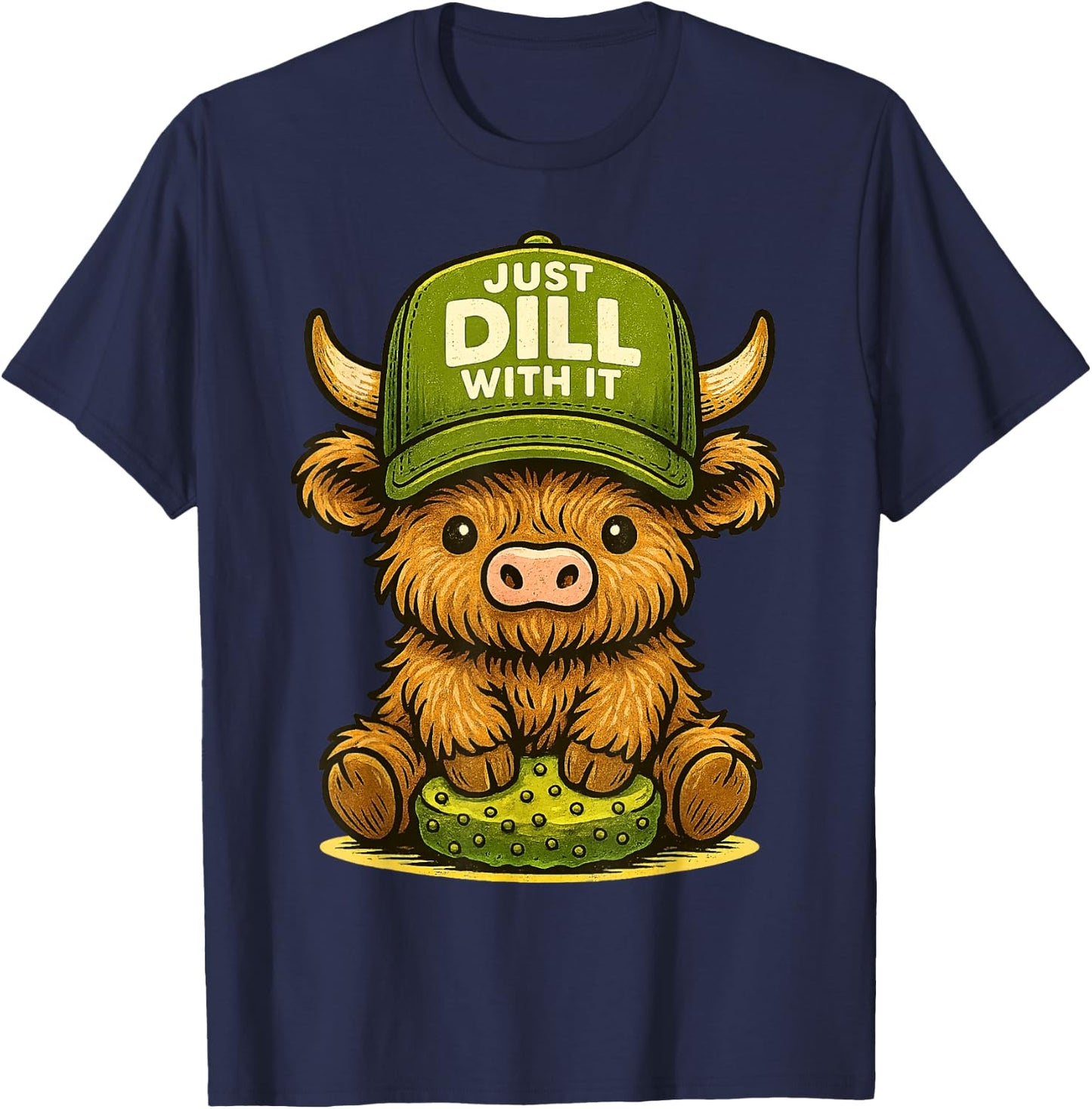 Just Dill with It Highland Cow Pickle Pun Retro T-Shirt - T-Shirt | Navy