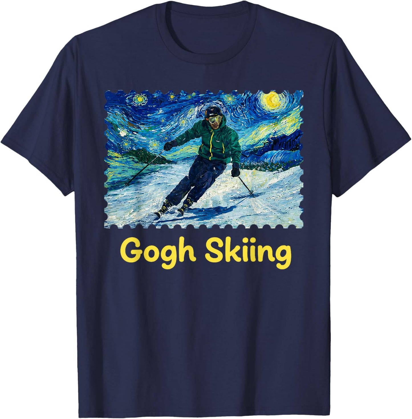 Gogh Skiing Ski Funny Van Gogh Pun Winter Sports Art Design T-Shirt - T-Shirt | Navy