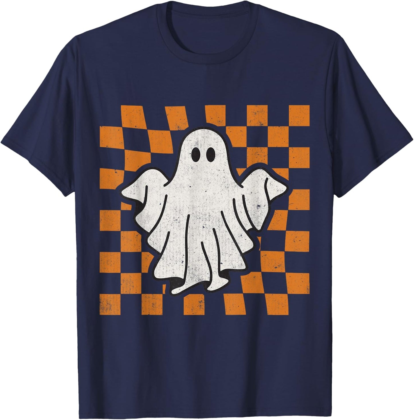 Retro Vintage Checkered Ghost Trendy Funny Halloween T-Shirt - T-Shirt | Navy