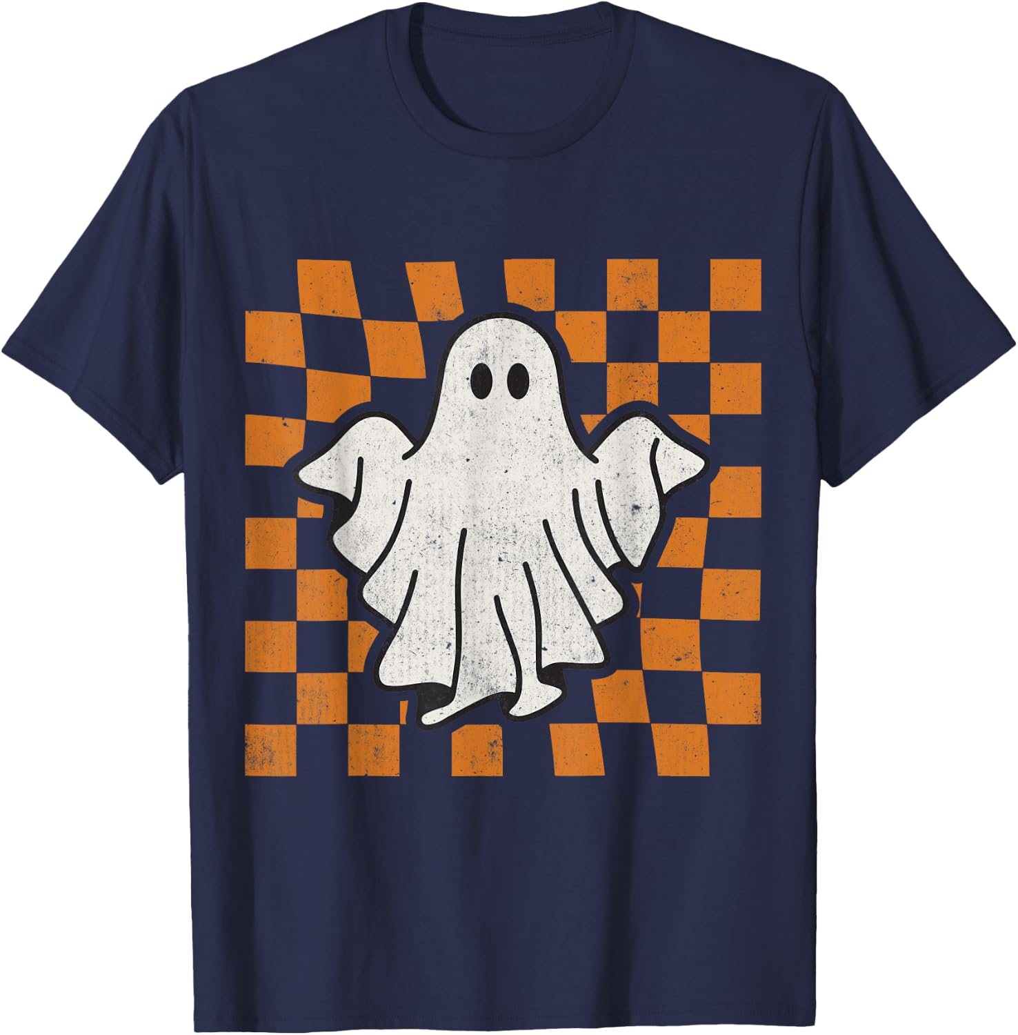 Retro Vintage Checkered Ghost Trendy Funny Halloween T-Shirt - T-Shirt | Navy