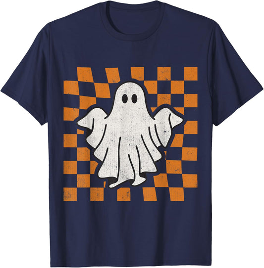 Retro Vintage Checkered Ghost Trendy Funny Halloween T-Shirt - T-Shirt | Navy