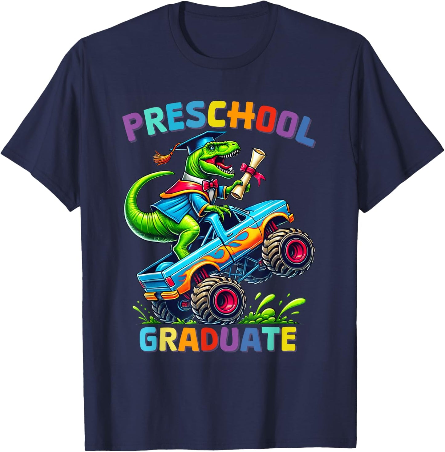 Preschool Graduation Monster Truck Dinosaur Boys Dino T-Shirt - T-Shirt | Navy