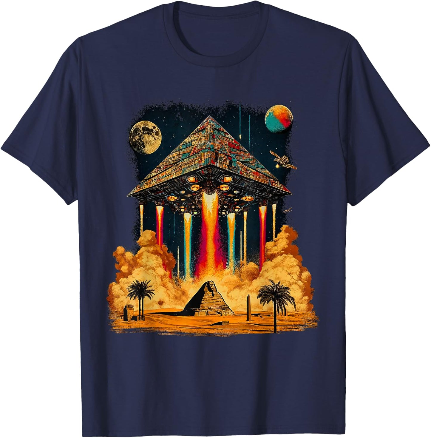Alien Pyramid Ancient UFO Spaceship Design Astronaut Ancient , Black, S T-Shirt - T-Shirt | Navy