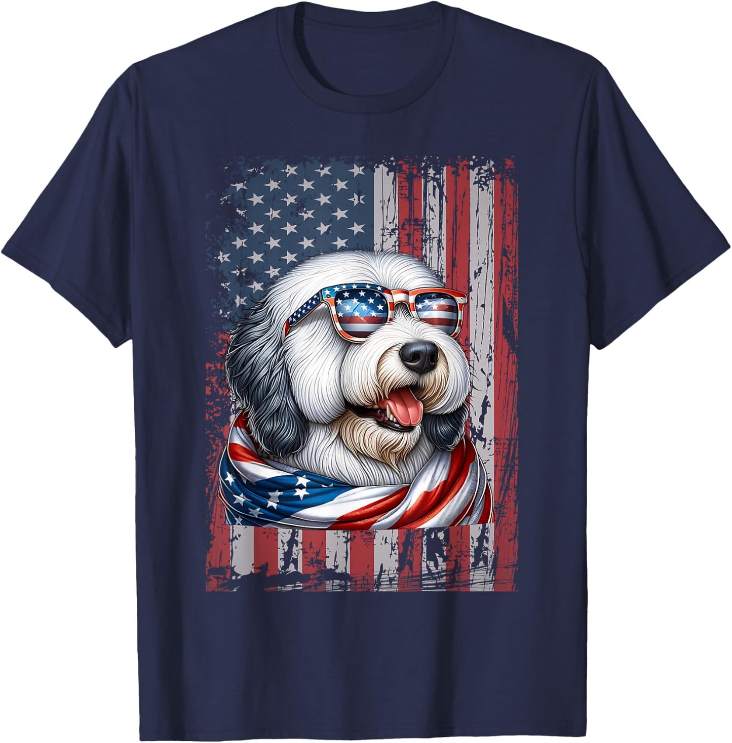 Old English Sheepdog Dog Lover US Flag 4th Of July Patriotic T-Shirt - T-Shirt | Navy