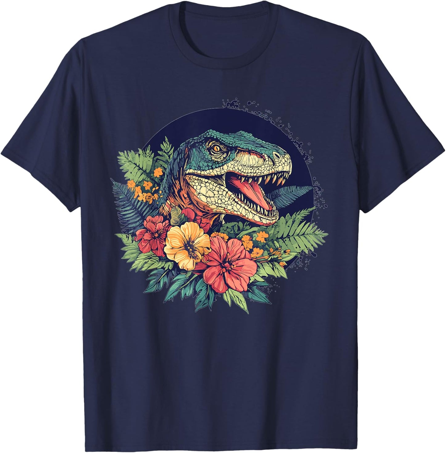Dinosaur With Floral Background Artwork T-Shirt - T-Shirt | Navy