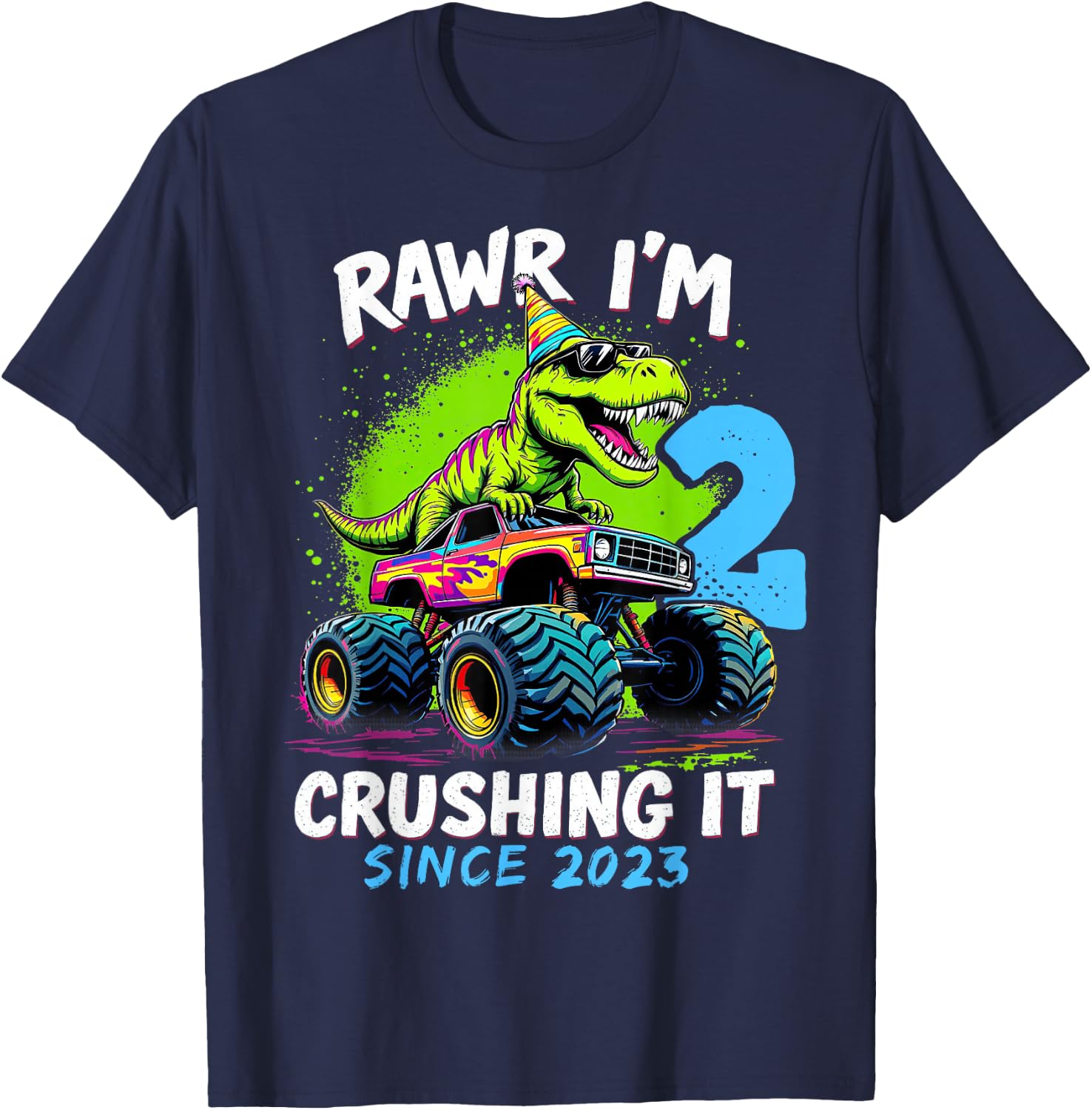 2nd Birthday Monster Truck Dinosaur Party Boys Rawr I'm 2 T-Shirt - T-Shirt | Navy
