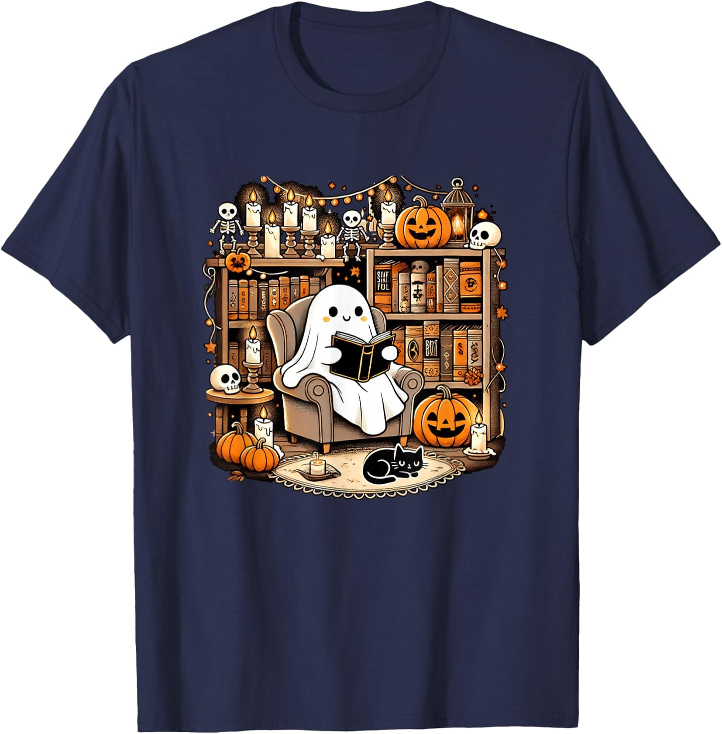 Vintage Ghost Reading Book Lovers Library Halloween Spooky T-Shirt - T-Shirt | Navy