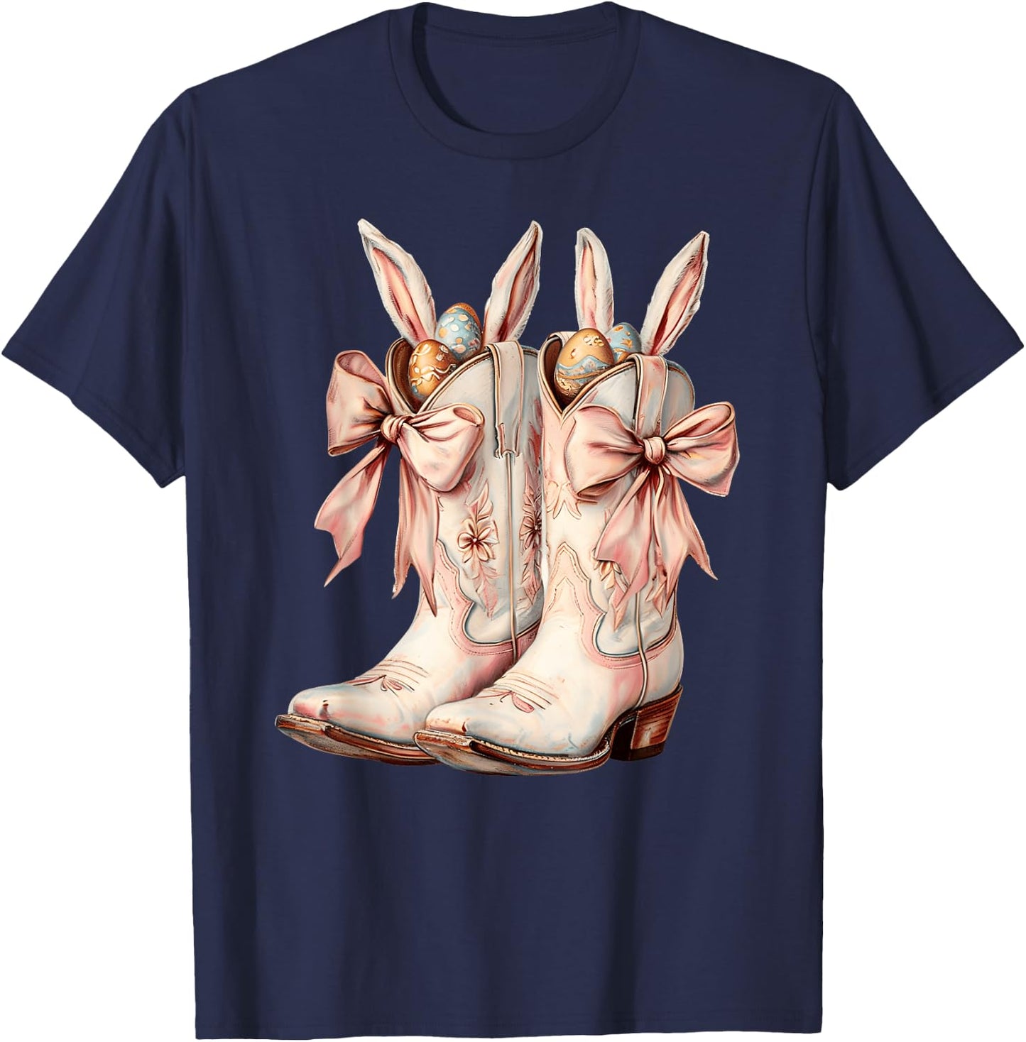 Groovy Cute Easter Eggs Boots Western Cowboy Howdy Easter T-Shirt - T-Shirt | Navy