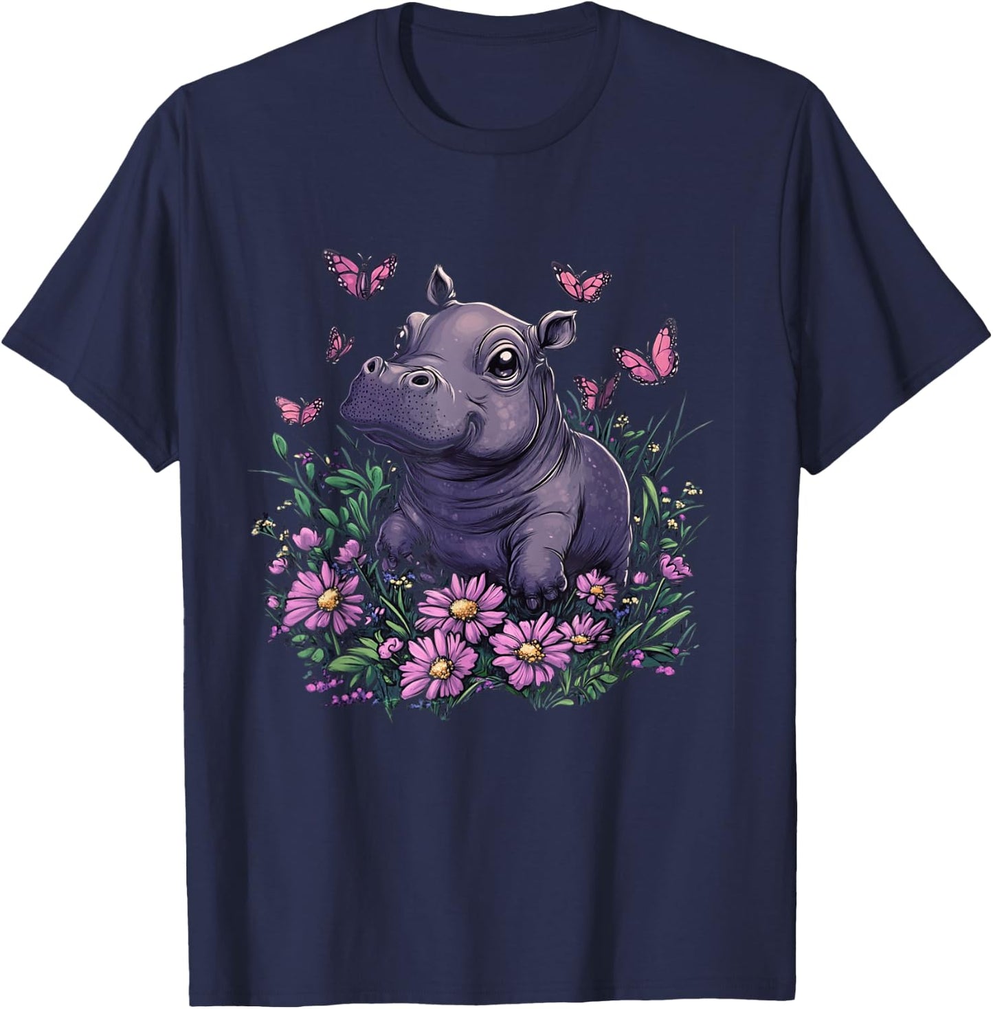Cute Baby Hippo Pygmy with Flowers Girls T-Shirt - T-Shirt | Navy
