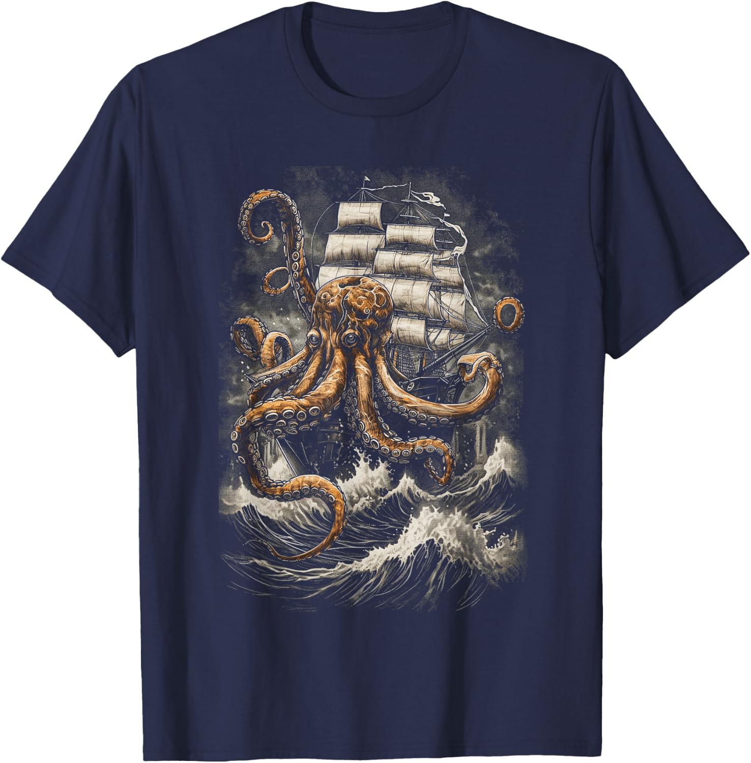 Giant Octopus Pirate Ship Vintage Kraken Sailing Squid T-Shirt - T-Shirt | Navy