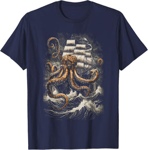 Giant Octopus Pirate Ship Vintage Kraken Sailing Squid T-Shirt - T-Shirt | Navy