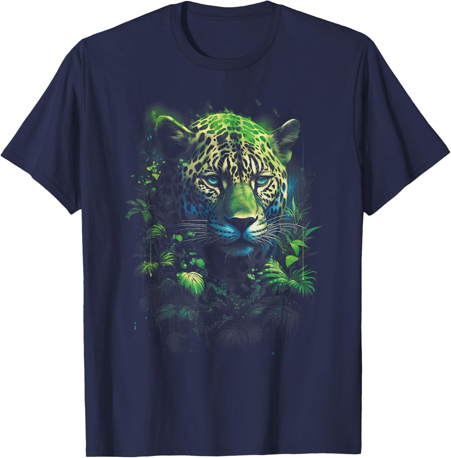 Animal Predator Jaguar Artwork Majestic Jaguar Jungle Wildlife Illustration - Black, -Adults, -Kids, Short Sleeve, Straight, Modern, Casual, All Seasons T-Shirt - T-Shirt | Navy