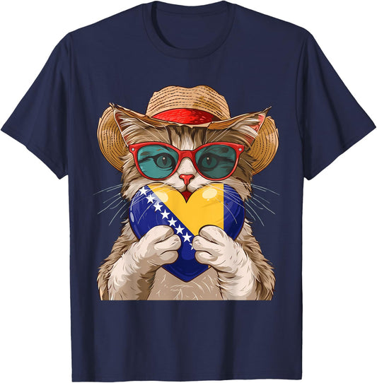 Bosnia Flag Cat Bosnia and Herzegovina Roots T-Shirt - T-Shirt | Navy