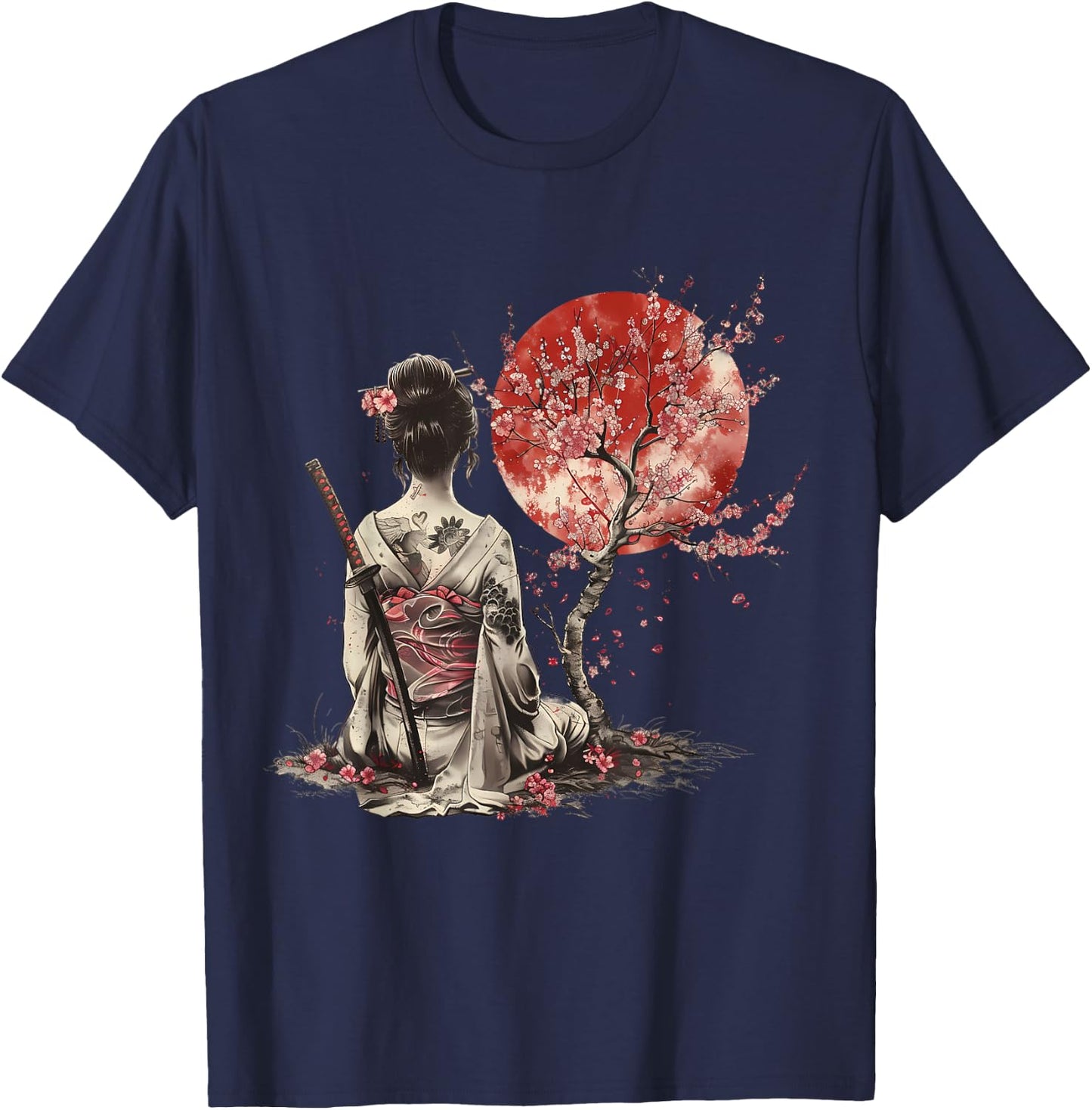 Japanese Samurai Sakura Cherry Blossom Japanese Geisha , Black, S T-Shirt - T-Shirt | Navy