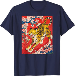 Japanese Art Cheetah Kyosai Vintage Japan Artwork T-Shirt - T-Shirt | Navy