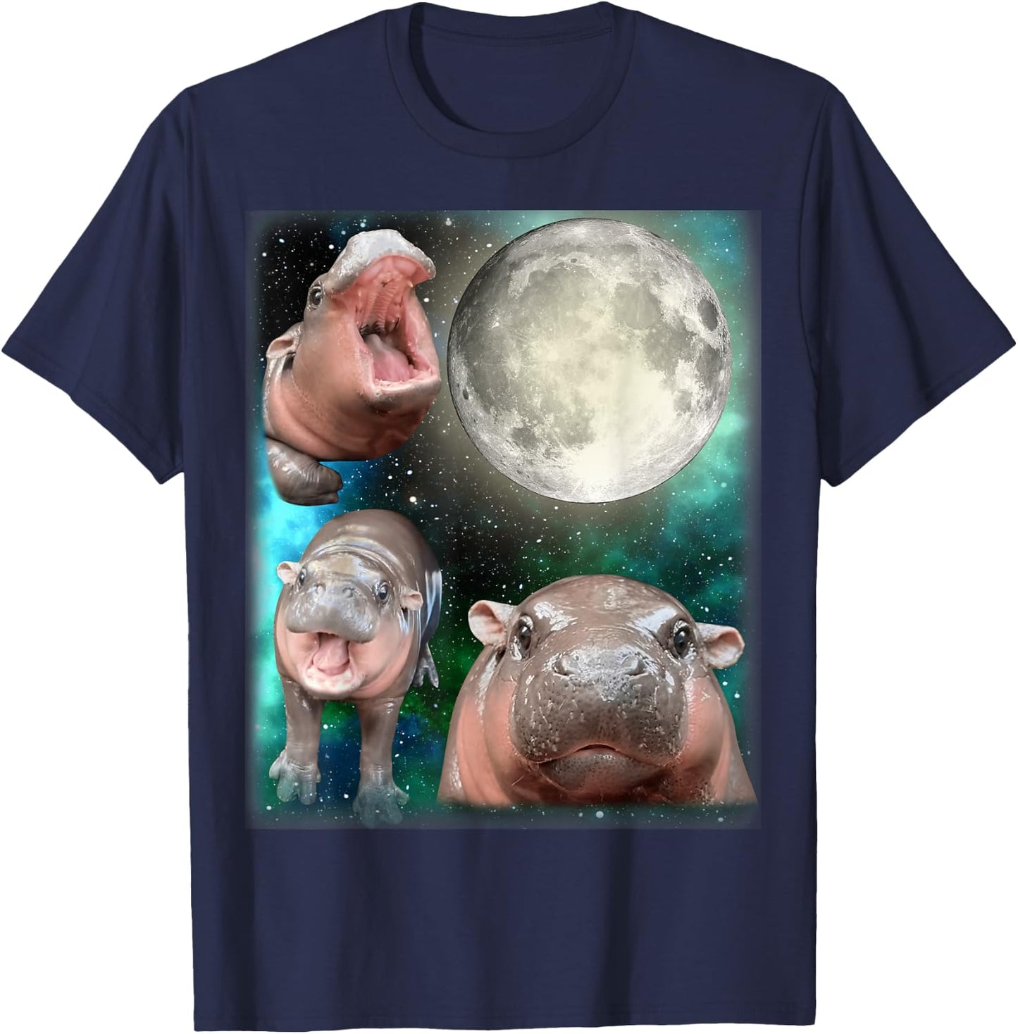 3 Hippo Moon Howling - 3 MOO-DENG Head Moon Howling T-Shirt - T-Shirt | Navy