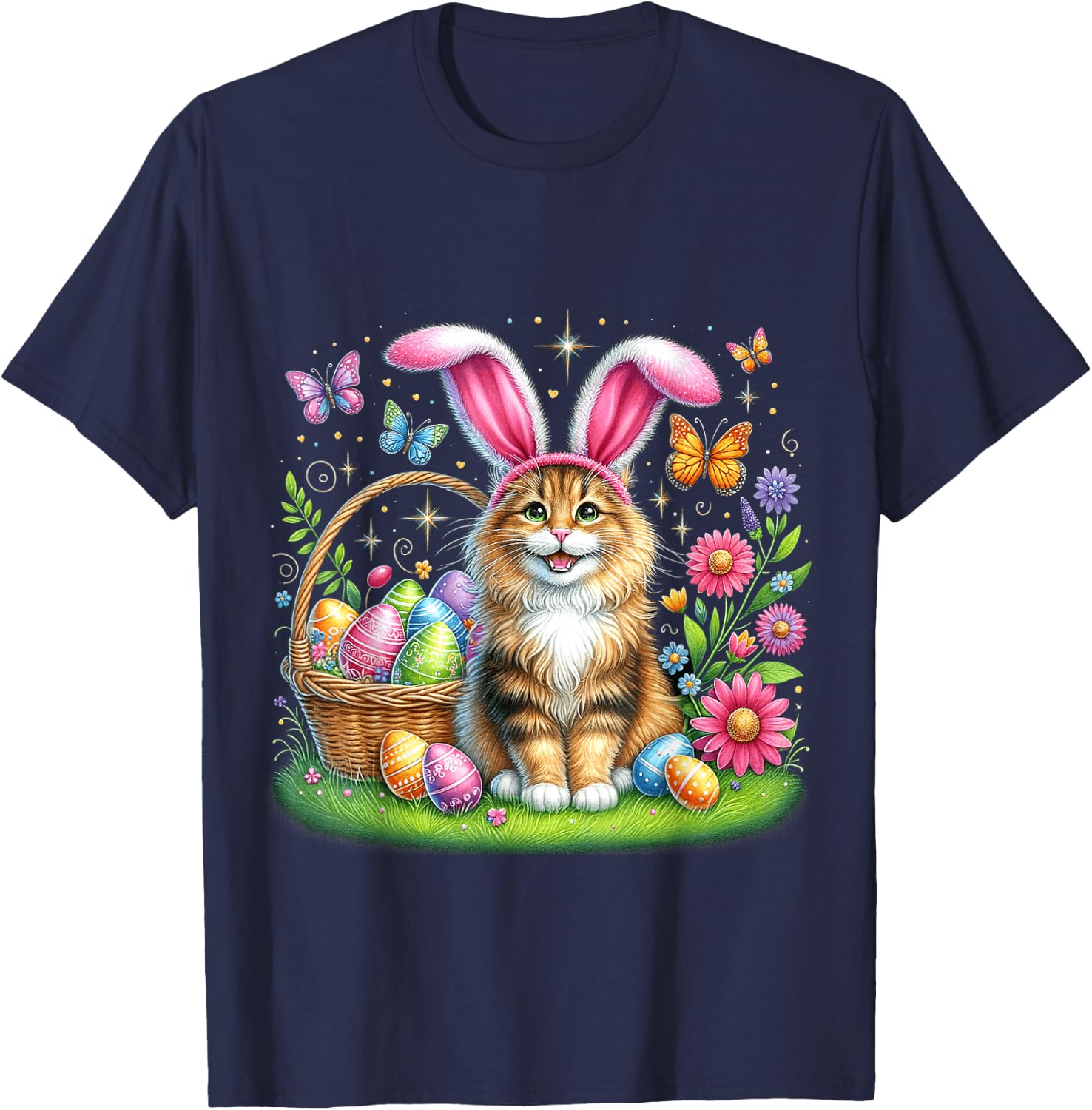 Happy Easter Cute Bunny Norwegian Forest Cat Easter Basket Women Girls Kids T-Shirt - T-Shirt | Navy